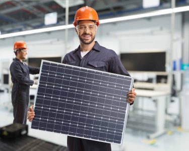 Worker in a uniform holding a solar panel inside a factory
